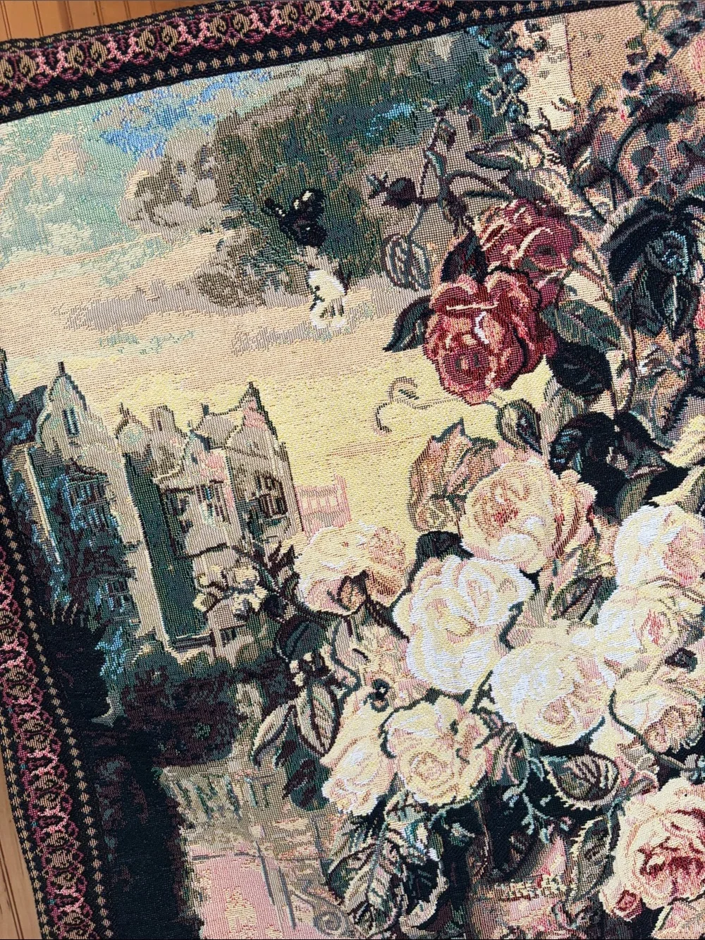 Vintage John Wainwright Bouquet & Sparrow Woven Floral Wall Tapestry 27x36